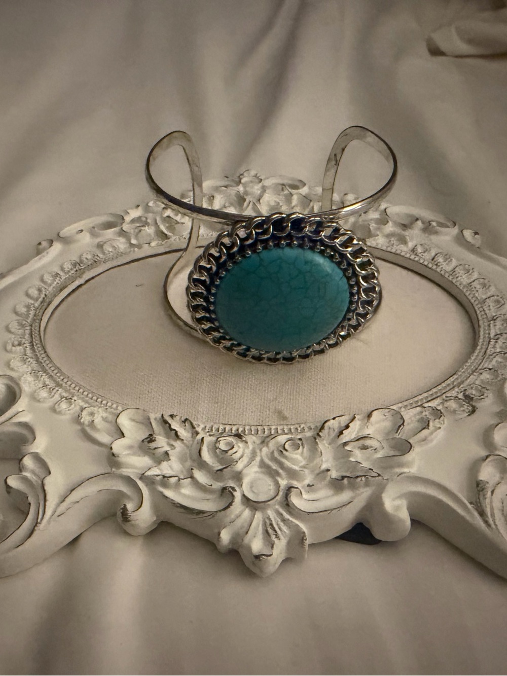 Turquoise Stone Silver Cuff Bracelet - Women Costume Jewelry